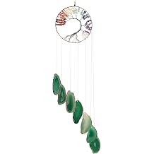 7 Chakra Tree of Life Oblique Agate Slice Wind Chime, Reiki Stone Wall Hanging Ornament Windchime for Home Indoor Outdoor, Green