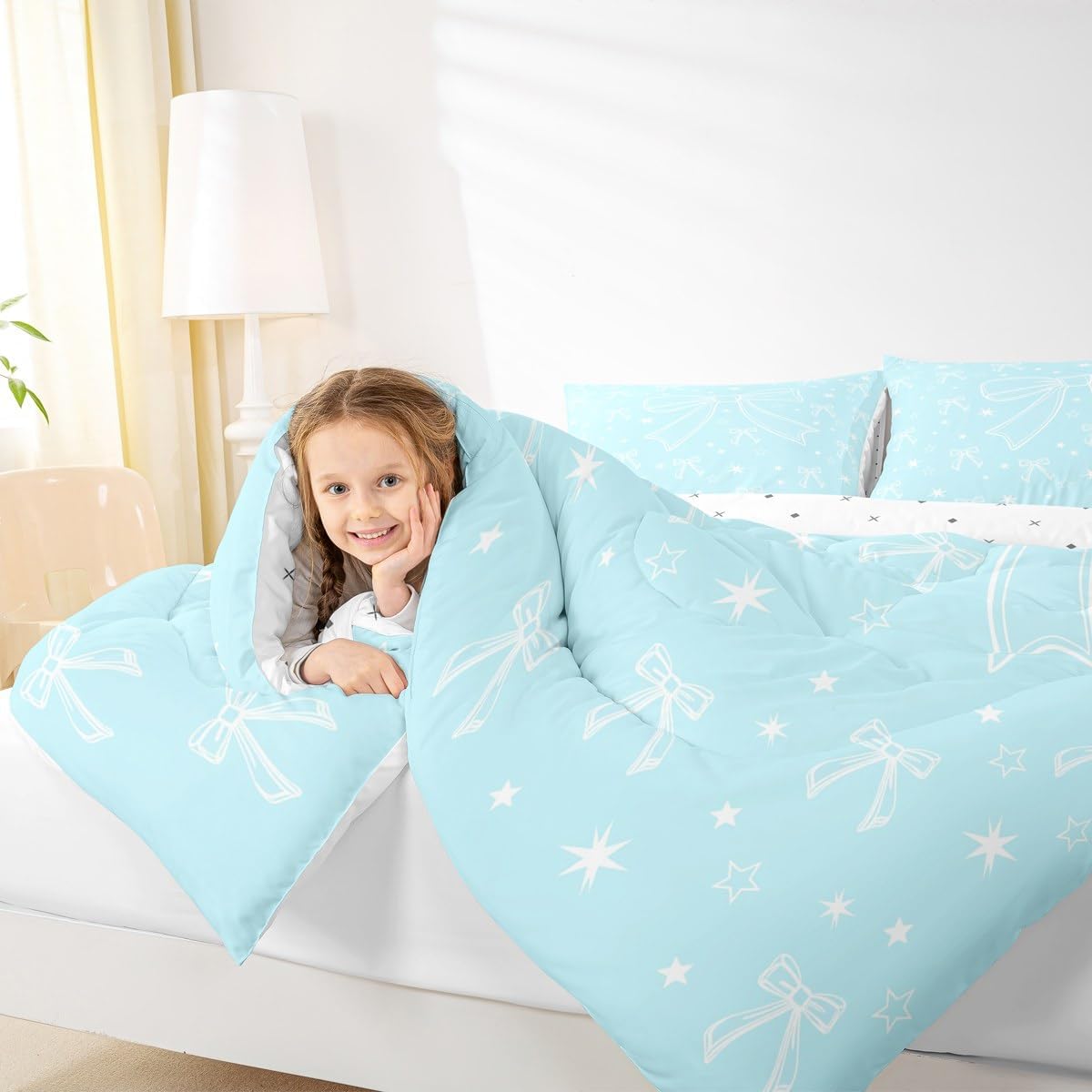 Feelyou Blue BowKids Bedding Set,Boys Girls Toddler Size,Star Print Comforter Set,Cute Coquette Bow Knot Duvet Quilt,Butterfly Knot Princess Comforter Bowknot Themed Bedroom Decor