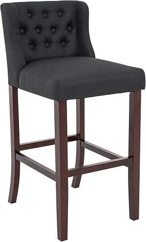Brage Living Taburete de bar de 30 pulgadas, taburete de bar de tela de lino con botones y patas de madera maciza, silla de bar tapizada sin brazos