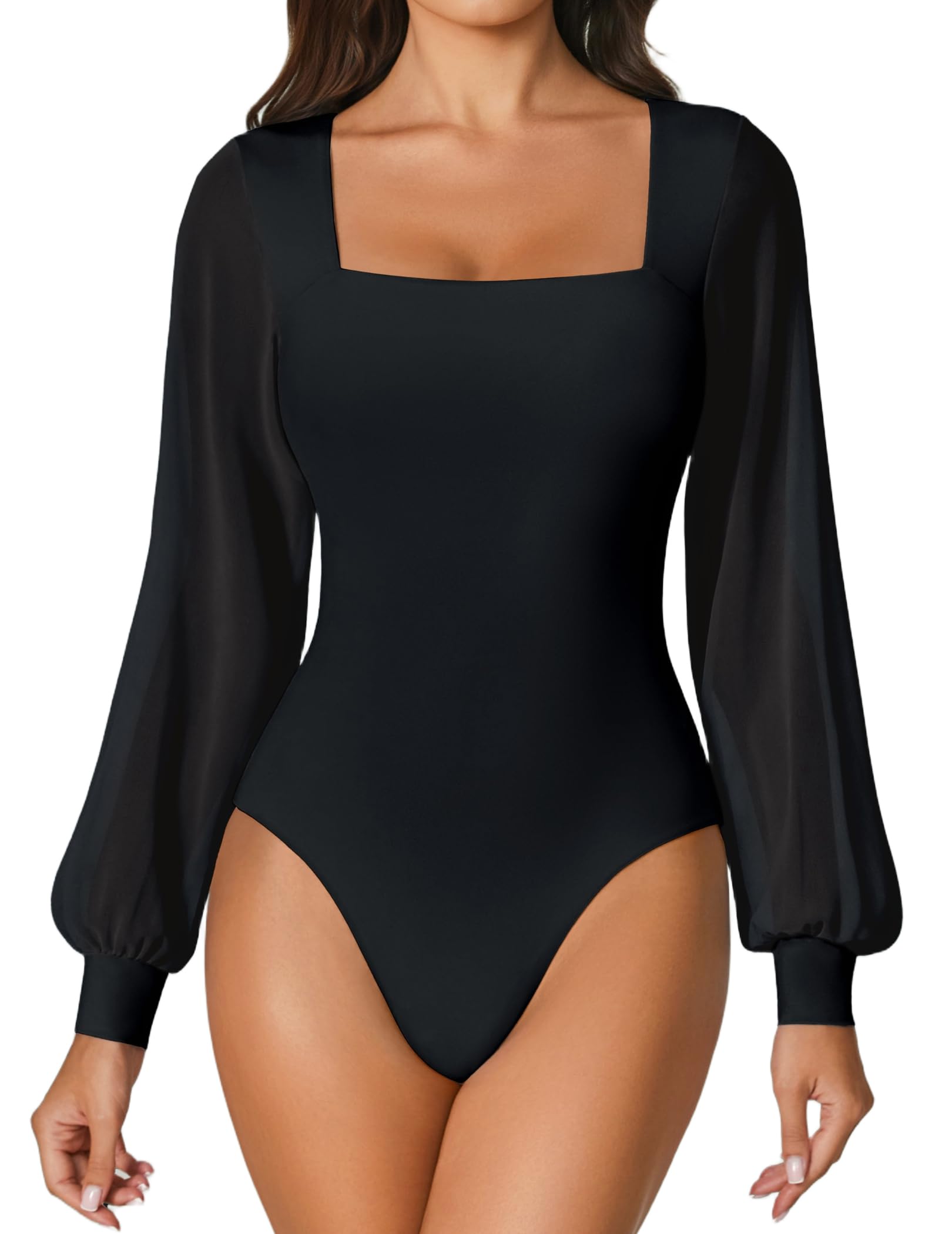 Avidlove Women Puff Long Sleeve Bodysuit Mesh Square Neck Thong Sexy Body Suits Double Lined Leotards