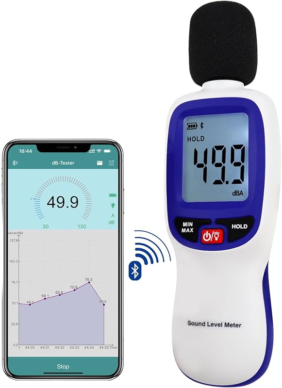 Decibel Meter Bluetooth, Portable Sound Level Meter with Data Logging, Can Fit with Smartphone App Recording, 30 to 130dBA Noise Decibel Meter SPL Meter w/Data Hold MAX MIN Alarm Backlit LCD Display