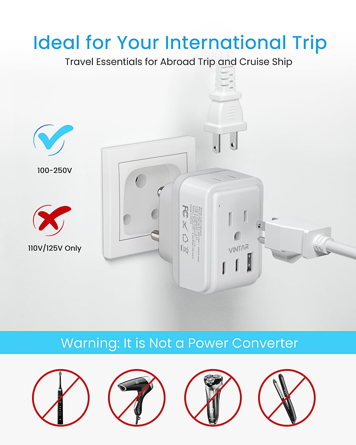 VINTAR Foldable Type M Adapter for South Africa - 2 Pack with 2 AC Outlets 3 USB Ports — view 6