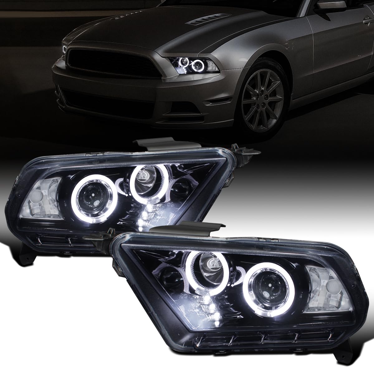 Ronnin - Fits 2010-2014 Ford Mustang Upgrade Replacement LED Dual Rims Projector Headlights Assembly Pair | Black Smoke