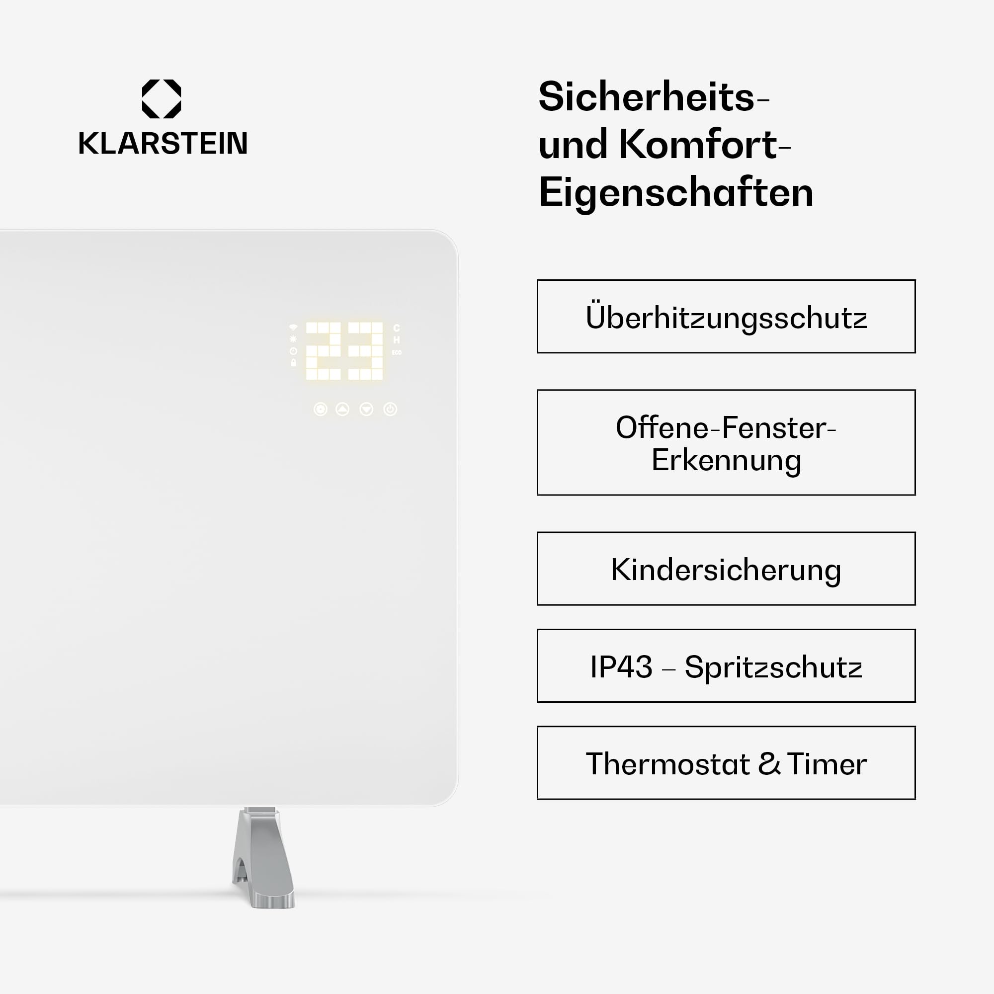 Klarstein Infrarotheizung 480W – Wandmontage & Standgerät, Thermostat, App-Steuerung, IP43, Glas-Design, Überhitzungsschutz, für Bad & Wohnzimmer, elektrische Wandheizung, Weiß