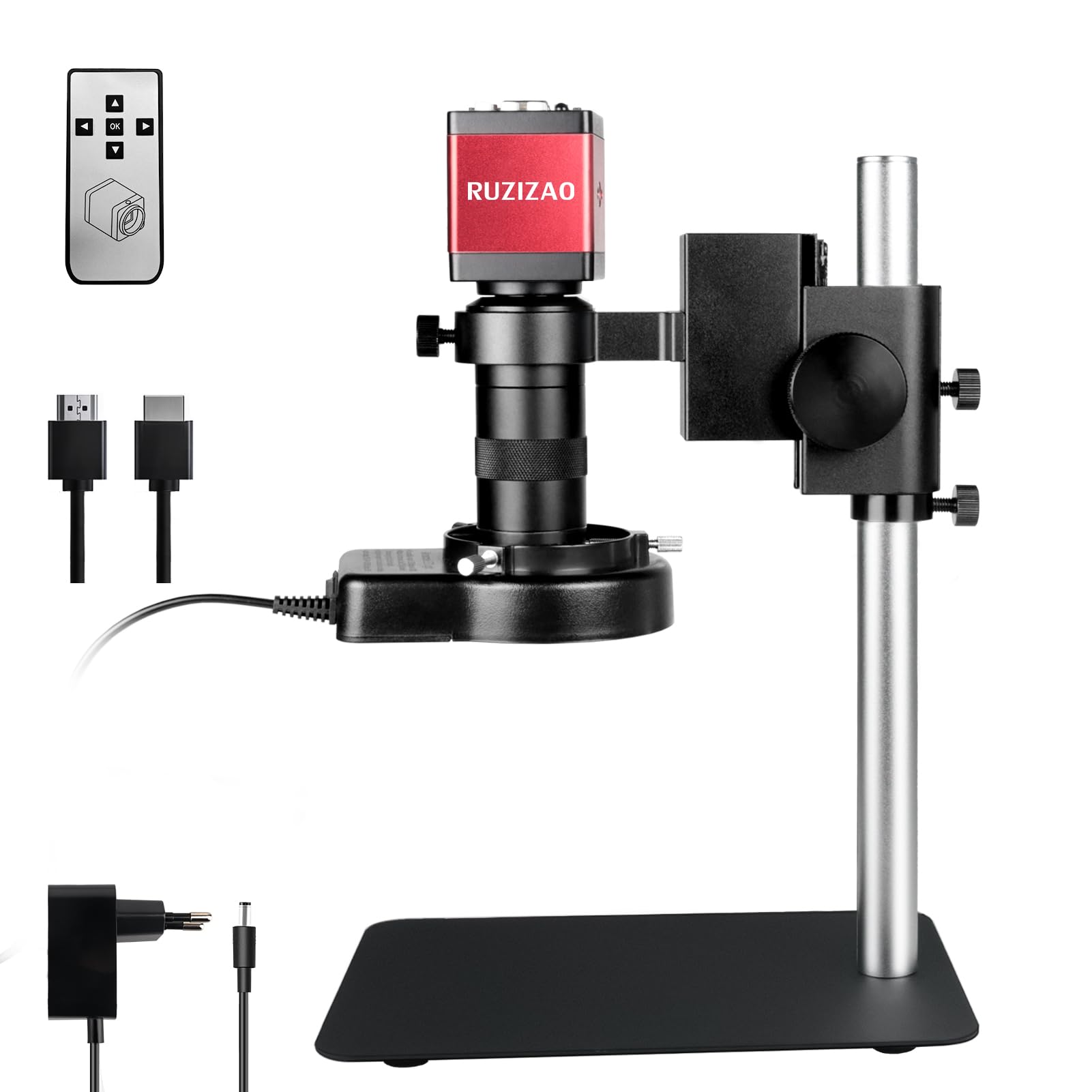 Microscope Numérique HDMI 1080P VGA Caméra avec Objectif Zoom 130X, Lumière LED Annulaire, Base Métallique