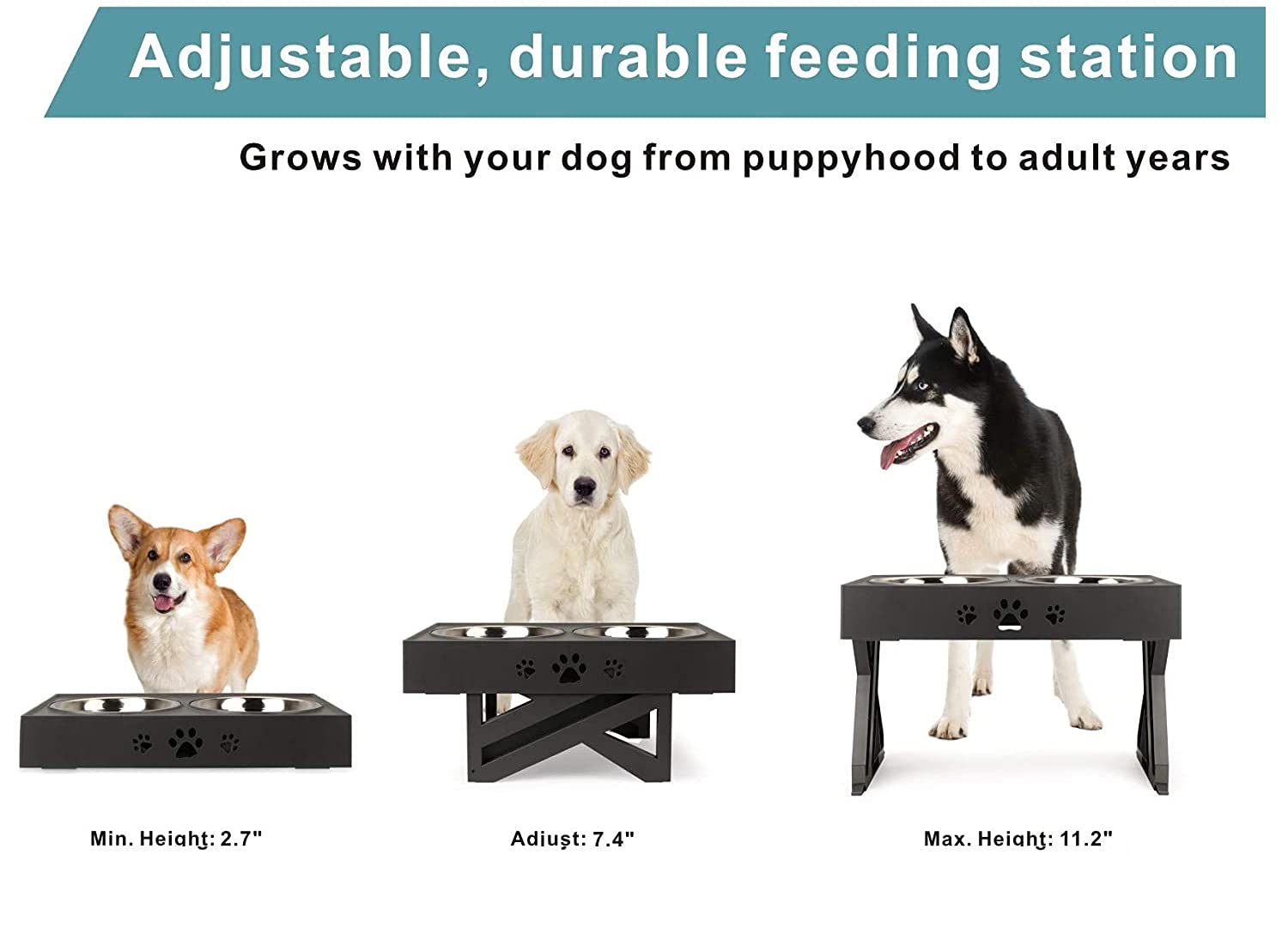 Comedero para perros elevado con 2 cuencos de acero inoxidable, plegable, 3 alturas ajustables y antideslizante, soporte para comedero para perros grandes, medianos y pequeños, gatos y mascotas
