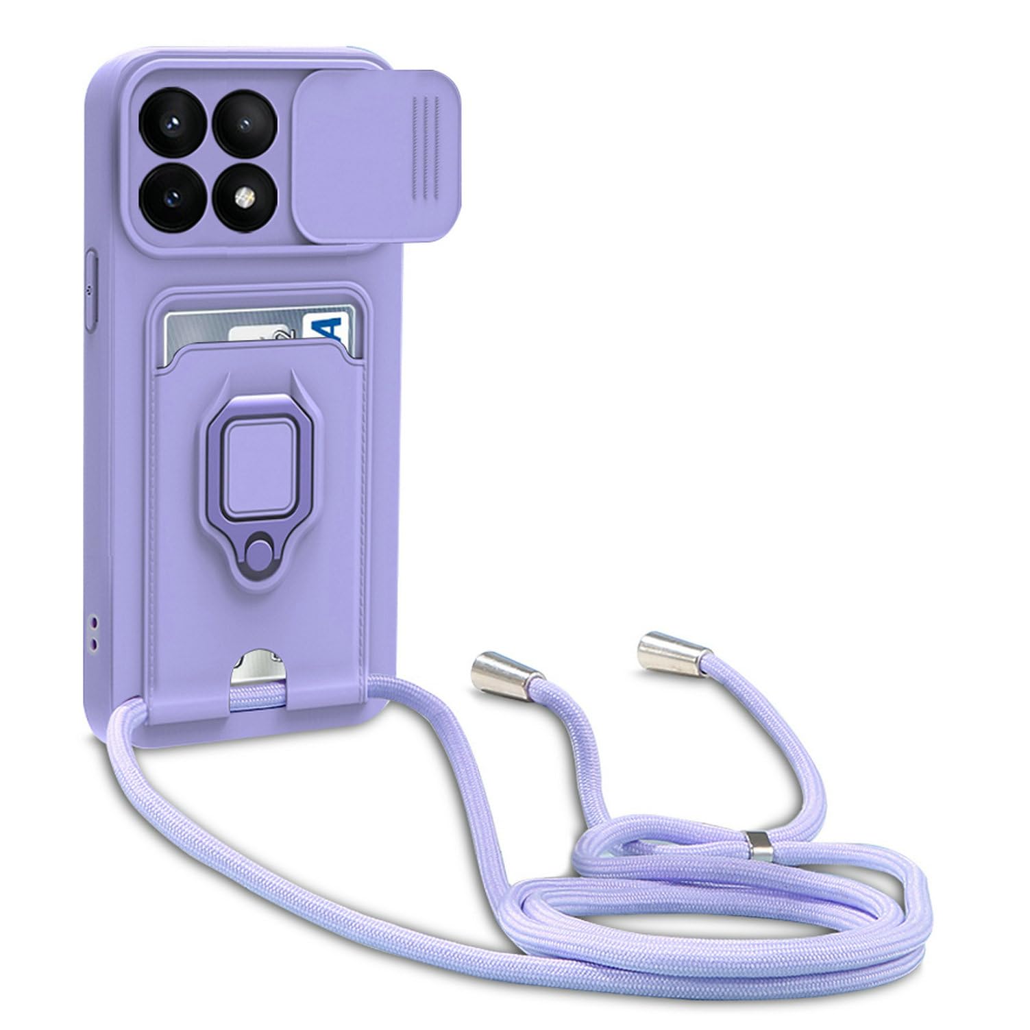 Funda Compatible con Xiaomi Poco X6 Pro 5G/Redmi K70E 5G,Cuello Cordón Carcasa Silicona Suave,Ranura con Tarjetas,Carcasa Cubierta cámara Deslizante Proteger, Anillo Soporte (Púrpura)