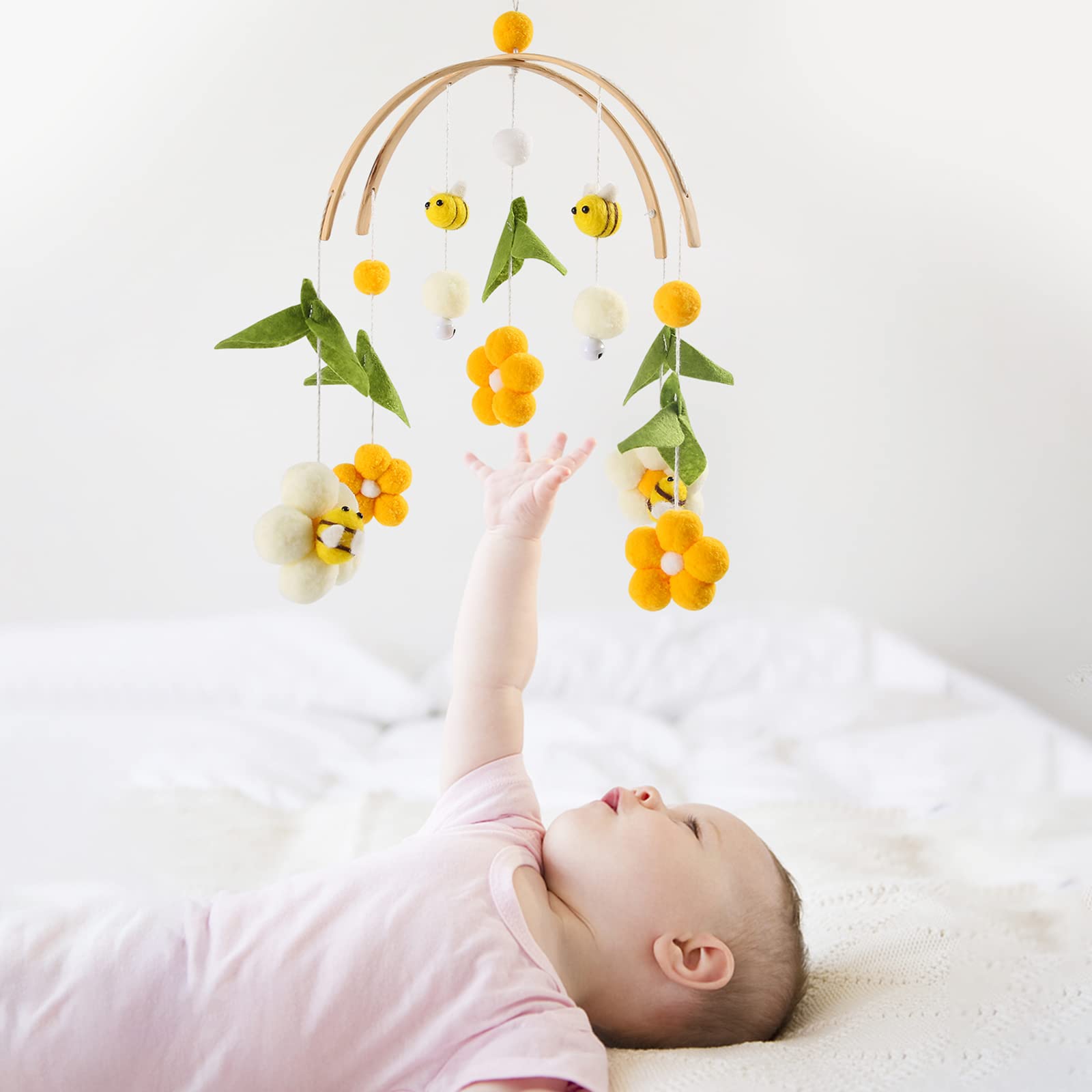 Culla Neonato in Legno con Palline di Feltro, Api e Fiori, Campanelli Eolici per Mobile, Decorazioni Cameretta 0+ Mesi