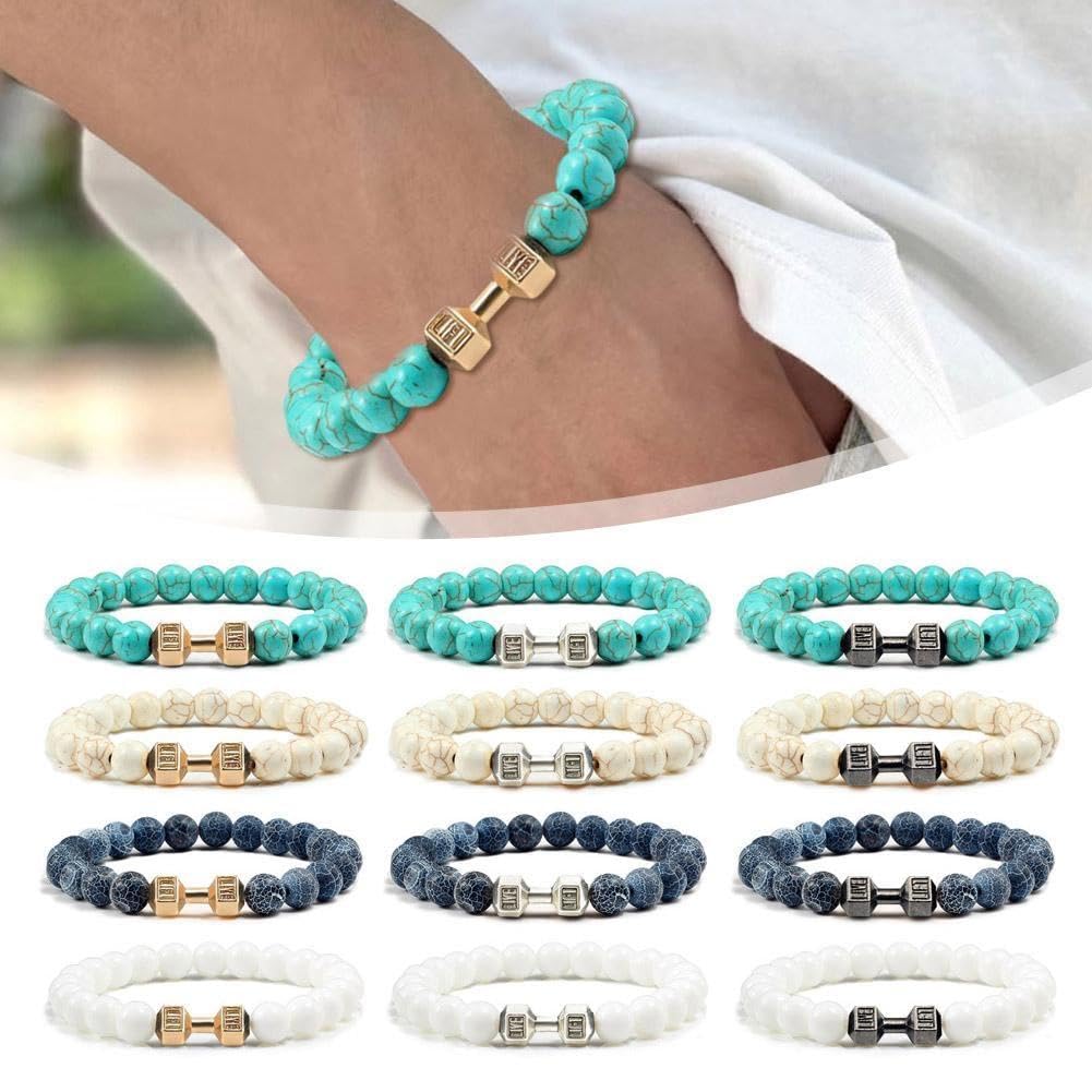 Bracelet D'haltères Avec Perles D'anxiété Volcanique, Bracelet De Gym, Fitness, Yoga, Haltères, Bracelets Avec Perles En Pierre Naturelle, Ensemble De Bracelets, 19 Cm, Métal, Sans Pierre