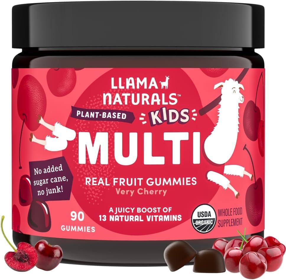 Llama Naturals Kids Multivitamin Gummies | Real Fruit, No Added Sugar Cane | Organic Vegan Toddler Whole Food Vitamins | Vitamin D, C & Beta Carotene Gummy Supplement | Cherry 90 Ct (1-2 Months)