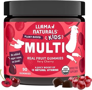 Llama Naturals Kids Multivitamin Gummies | Real Fruit, No Added Sugar Cane | Organic Vegan Toddler Whole Food Vitamins | Vitamin D, C & Beta Carotene Gummy Supplement | Cherry 90 Ct 1-2 Months