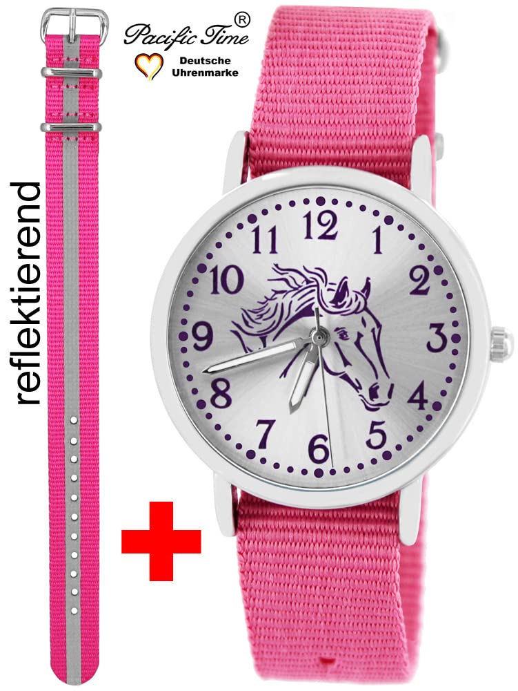 Pacific Time Kinderuhr Mädchen Pferdeuhr Geschenk-Set Rosa 2 Armbänder | Geschenk für Mädchen: Pferdeuhr mit violettem Pferdekopf, 2 Armbänder, 5 ATM wasserdicht, günstiger als Einzelkauf