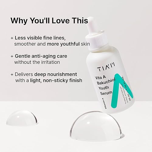 Miniatura 6 de TIAM Vita A Bakuchiol Suero juvenil, 1.35 onzas líquidas, suero antienvejecimiento para arrugas y manchas oscuras, mejora la firmeza y elasticidad,