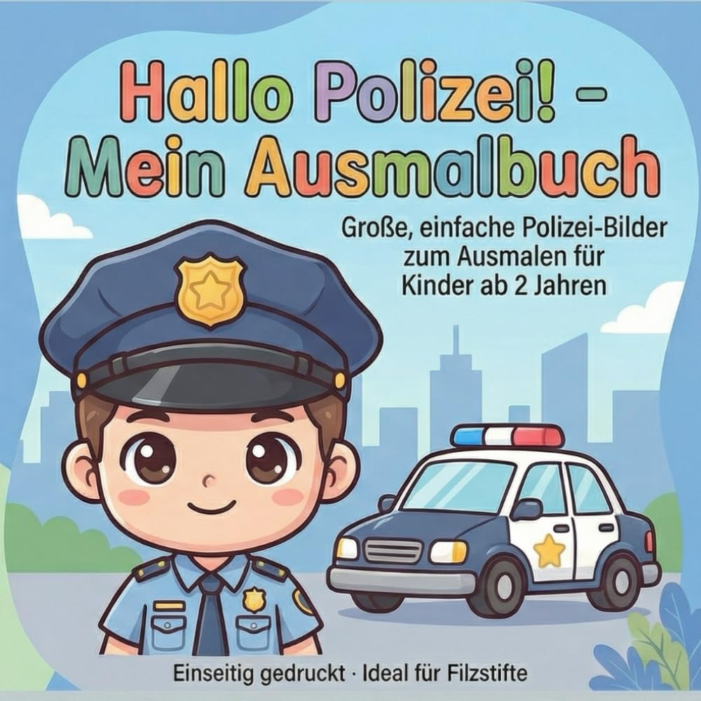 Hallo Polizei! - Mein Ausmalbuch: Große, einfache Polizei-Bilder zum Ausmalen für Kinder ab 2 Jahren, Einseitig gedruckt - Ideal für Filzstifte (Hallo Kids - Mein Ausmalbuch: Ausmalbücher für Kinder)