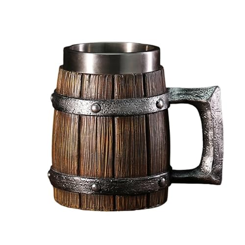 Vzfv 樽風ビールジョッキ 600ml 木製×ステンレス 保温保冷 マグカップ 酒器 コーヒー/紅茶対応 持ちやすい 大容量 おしゃれ 家庭用 パーティー/パブ 男性向け ギフト 誕生日 クリスマス (B)