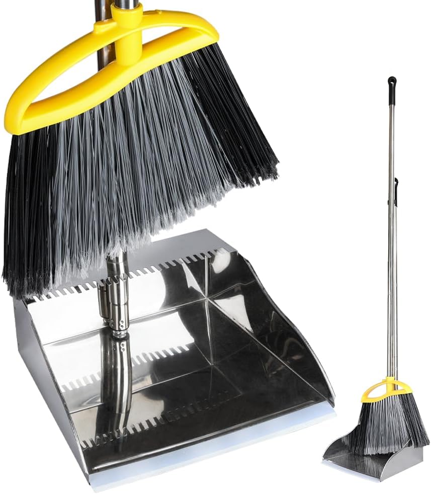 Broom and Dustpan Set, Outdoor Heavy Duty Broom with Stainless Steel Dustpan,Stiff Bristles Broom and Metal Dust Pan for Home