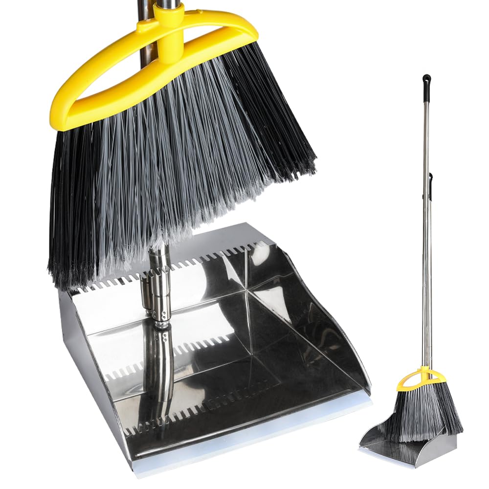 GLOHOO Broom and Dustpan Set, Outdoor Heavy Duty Broom with Stainless Steel Dustpan,Stiff Bristles Broom and Metal Dust Pan for Home