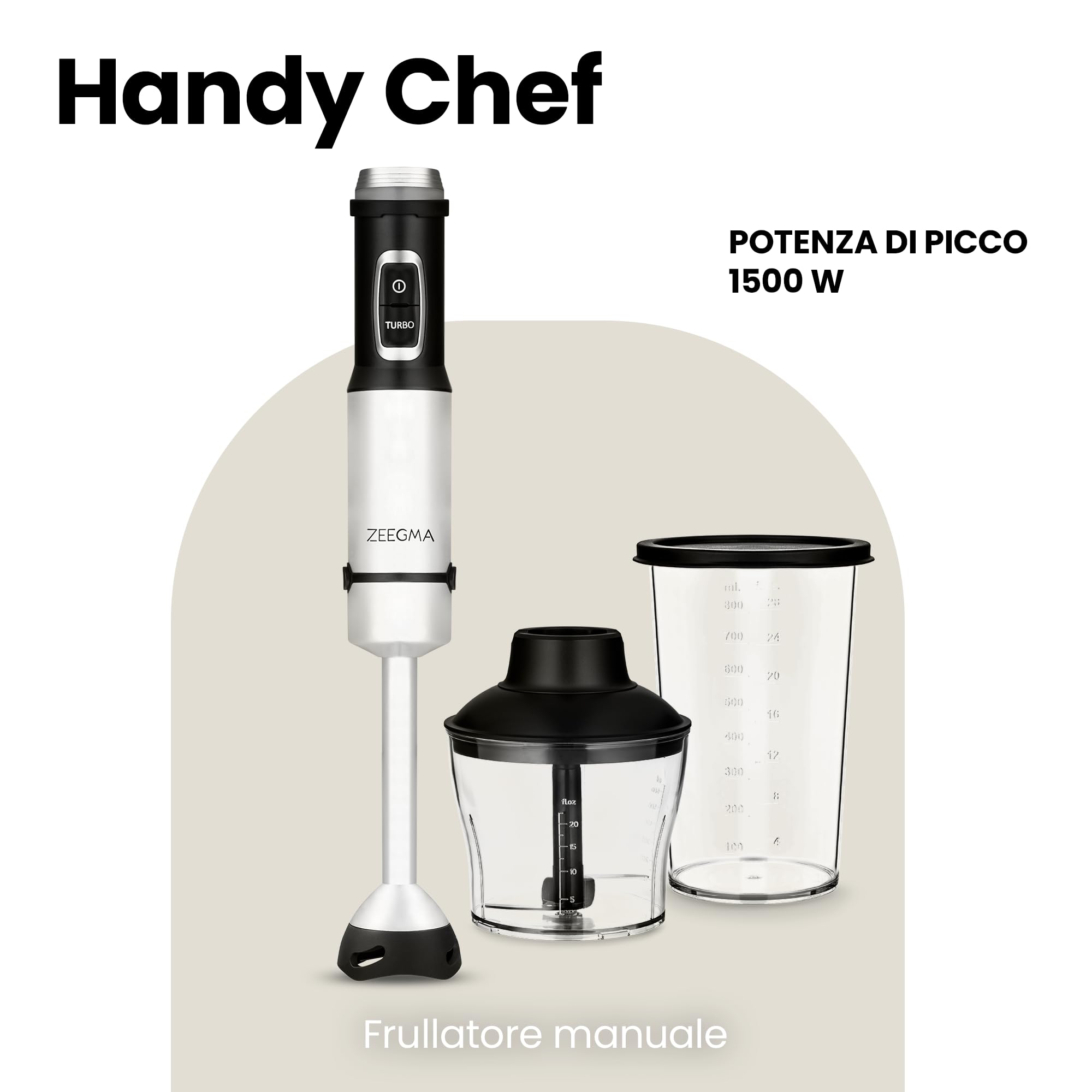 ZEEGMA Frullatore a Immersione 5 in 1 Multifunzionale Potenza di Picco | W, Set di Accessori per Frullare, Mescolare e Sbattere Gancio per Miscelare Mixer 0.6 L, Contenitore 0.8 L