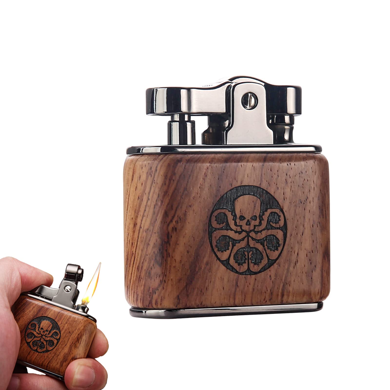 Vintage Kérosène Briquet Flamme Douce Culbuteur Essence Briquet Rétro Coupe Vent Réutilisable Presse à Feu Fumer Accessoires Cadeau pour Hommes,Skull
