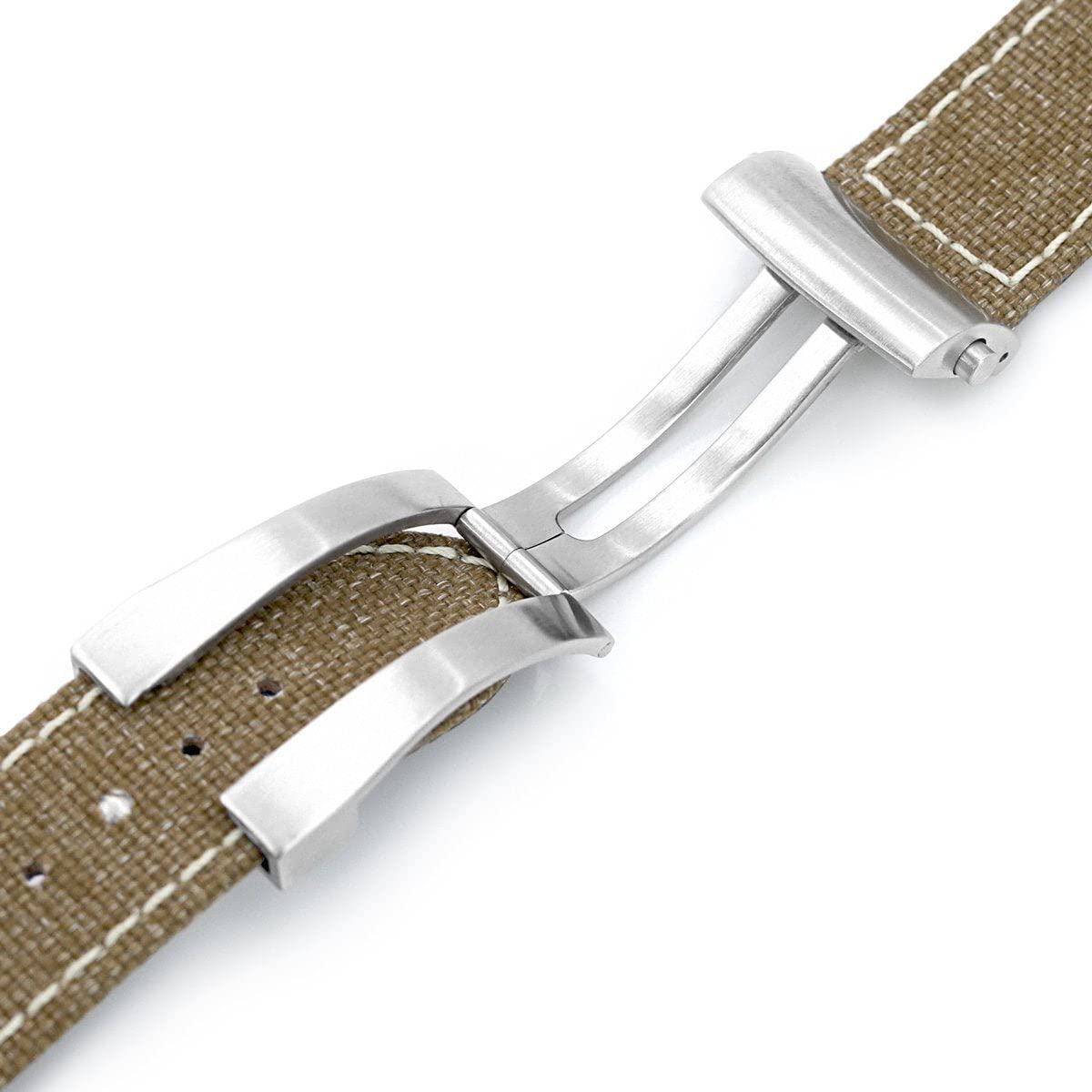 MiLTAT Bracelet de montre en toile kaki 20 mm Boucle brossée Boucle déployante à rouleau, coutures beiges