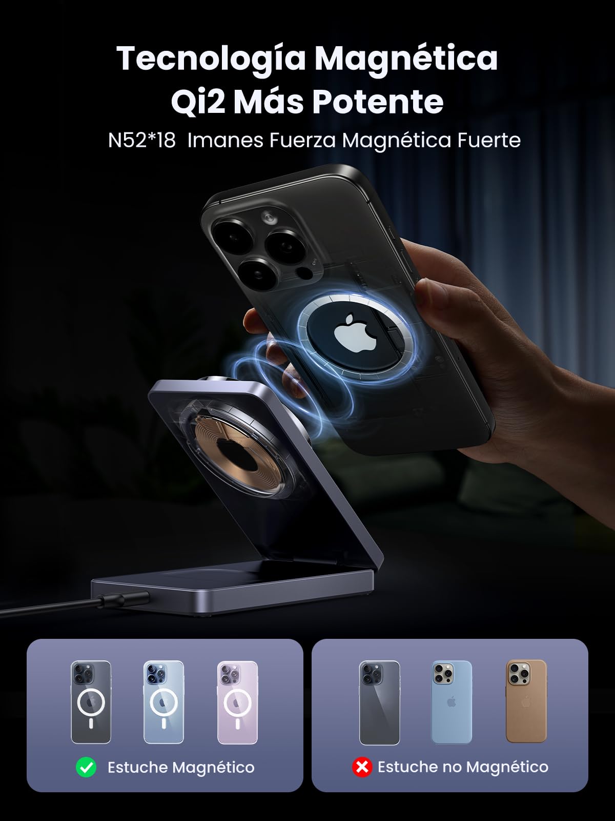 UGREEN MagFlow Qi2 15W Cargador Inalámbrico MagSafe | Compatible con iPhone 17 16 15 14 13 12 Air Plus Pro Max AirPods 4 3 Pro 3 2 1, Estación de Carga Magnética 2 en 1