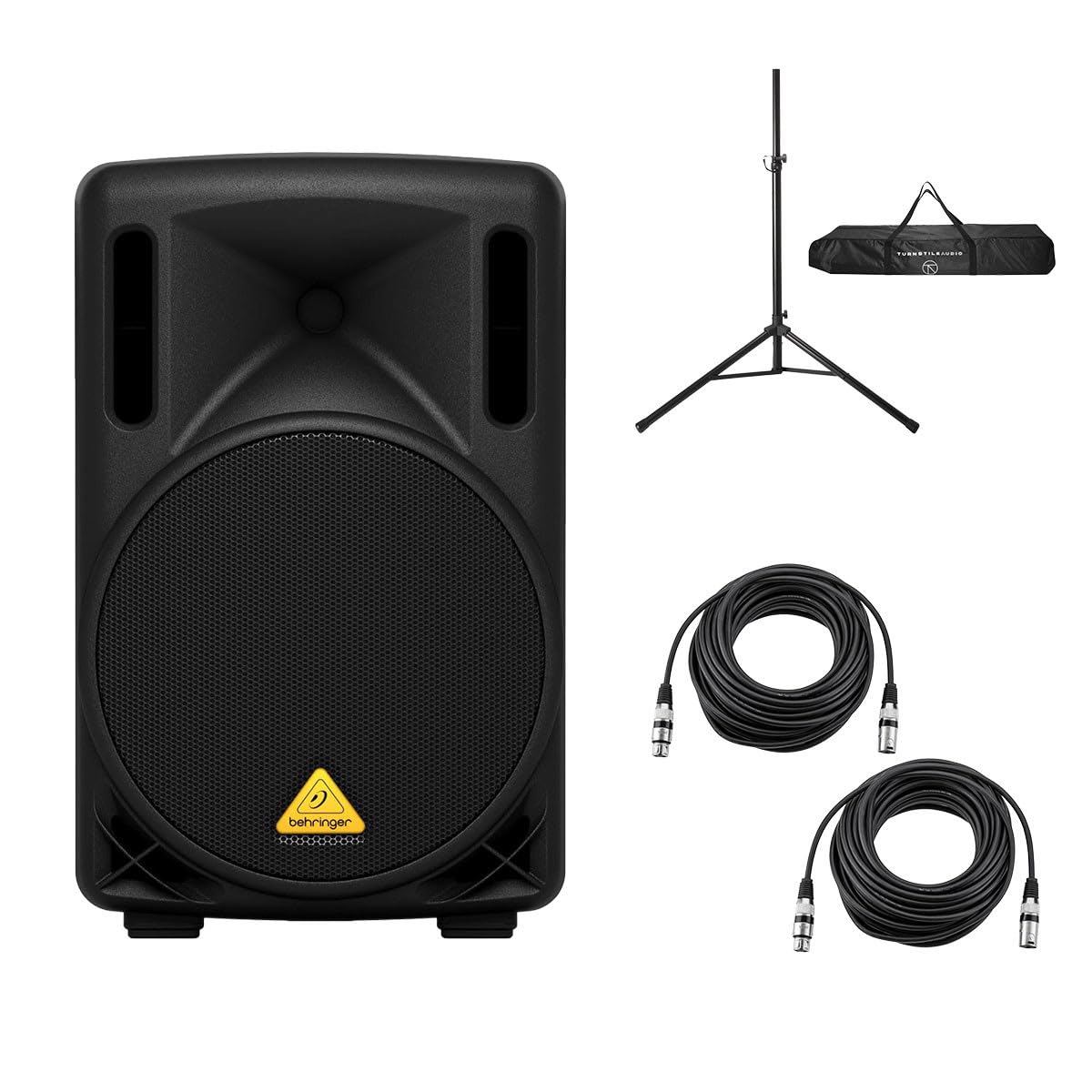 Behringer Eurolive B210D 10" 200W 2-Way Powered PA Speaker System, Bundle with Speaker Stand and 2X 25' XLR Microphone Cable