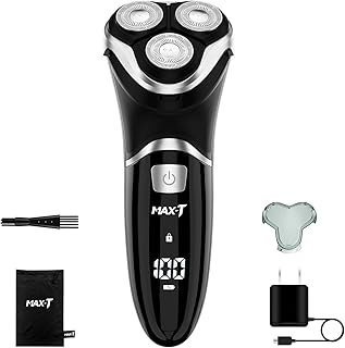 Electric Shaver for Men, MAX-T Quick Rechargeable Electric Razor Wet Dry Rotary Shaver with Pop Up Trimmer and LED Display, IPX7 100% Waterproof （8101 with Adapter Charger）