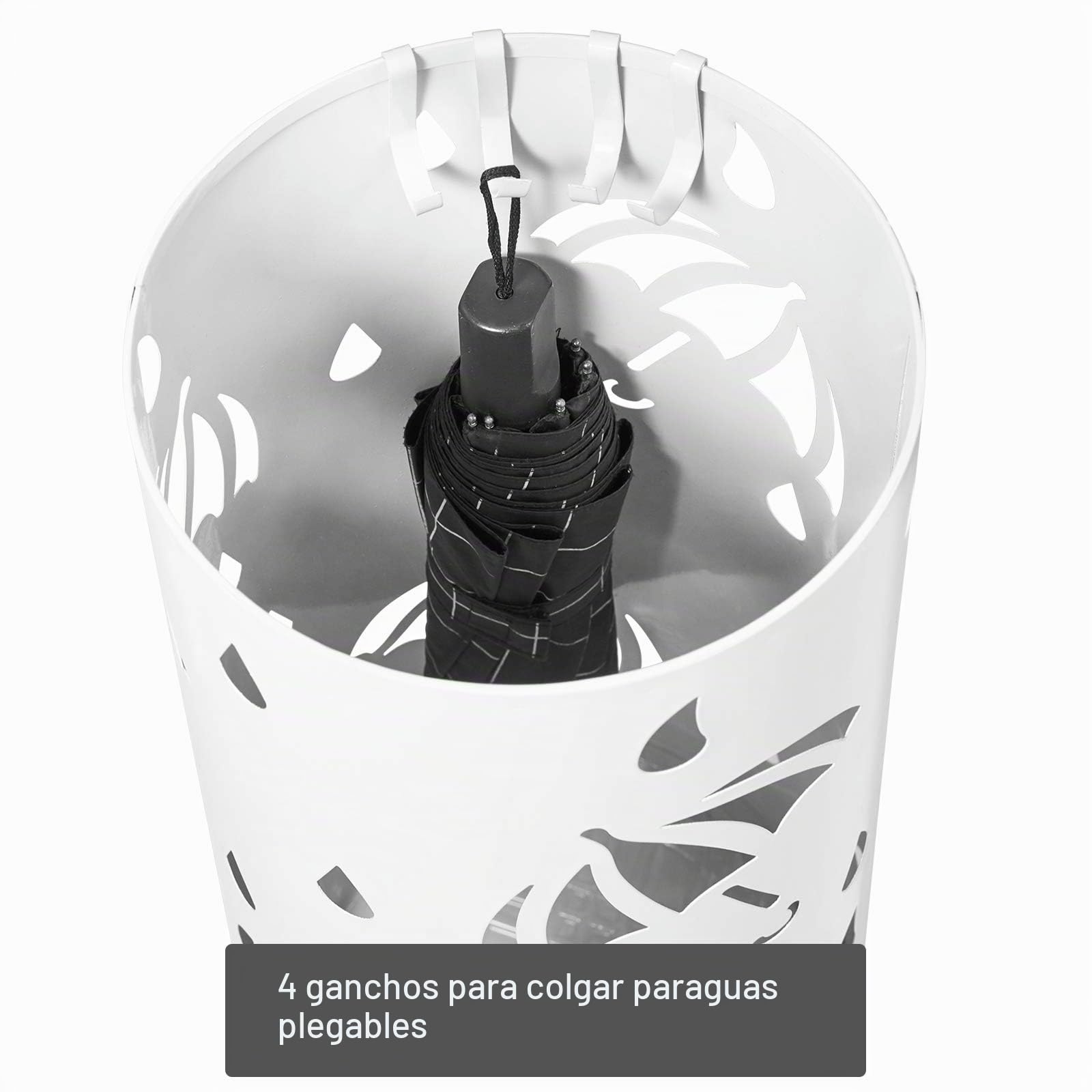 WOLTU Paragüero de Diseño Redondo Soporte Paraguas con Ganchos y Plato de Plastico, Bandeja Recogegotas 20x 49 cm Blanco SST01ws
