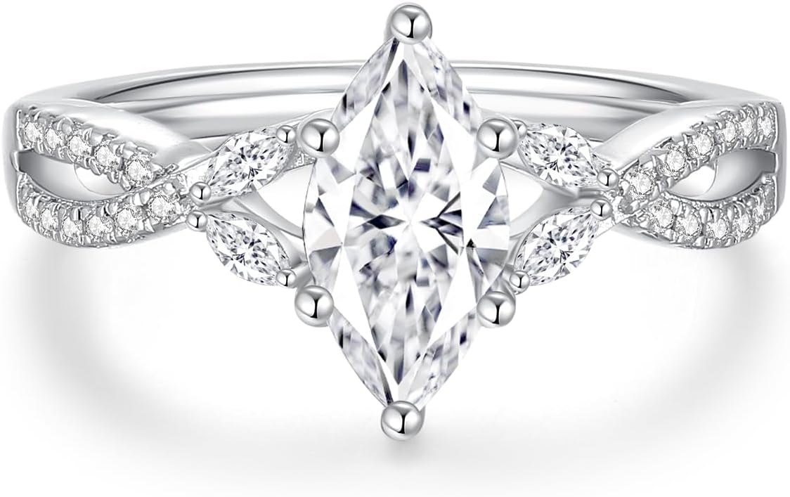Marquise Cut Moissanite Engagement Ring For Women 18 K White Gold Plated S925 Sterling Silver Modern Ring For Her