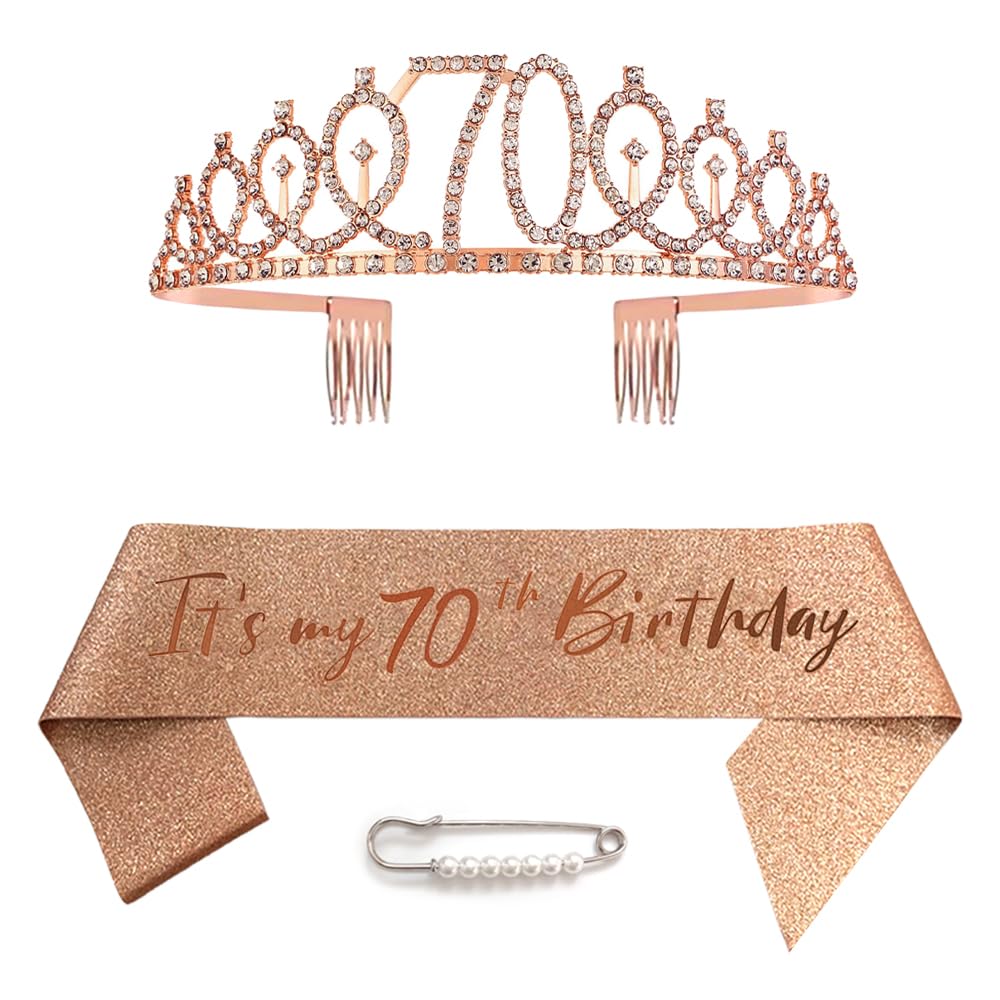 Ceqiny Tiara y coronas de 70 cumpleaños para niñas, tiara de oro rosa, tiara de princesa, tiara de diamantes de imitación con peines, tiaras de novia de boda para boda, graduación, fiesta de novia, Navidad