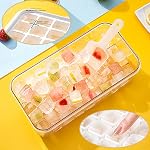 1 Second Release Ice Cube Tray with Lid and Bin, 2 Tier ice molds Make 64 Ice Cubes Big Capacity Bin for Freezer Including Ice Scoop (Blue)