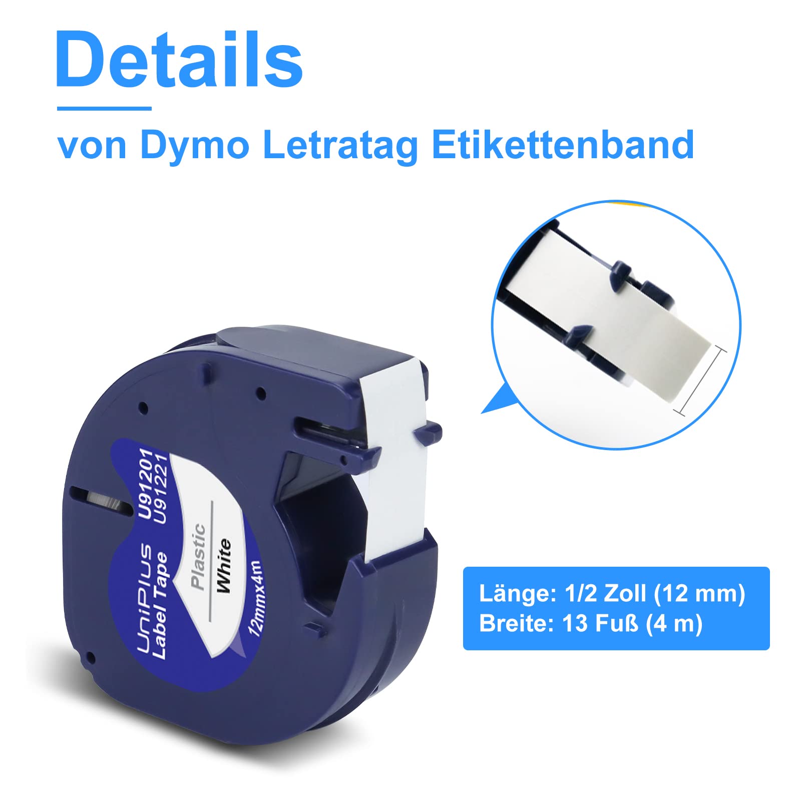 UniPlus 20 Pack Kompatible für Dynmo 91221 Etikettenband 91221 91201 S0721660 Kunststoff 12mm x 4m Schriftband xr Bänder für LT-100H LT-110T LT-100T XR QX50 200B Schwarz auf Weiß