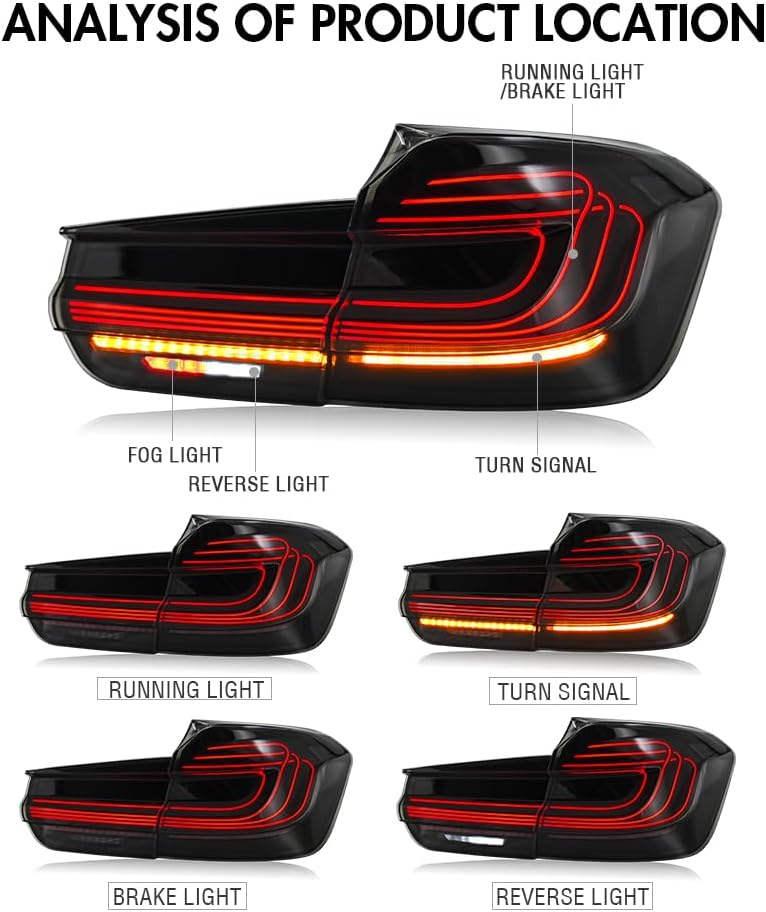 Tail Lights for BMW 3-Series F30 F35 F80 320i 328i 328D 335i Sedan 2013-2018 6th Gen Taillights with Dynamic Animation/Amber Switchback Turn Signal Fog Light Rear Lamp(Smoked White)