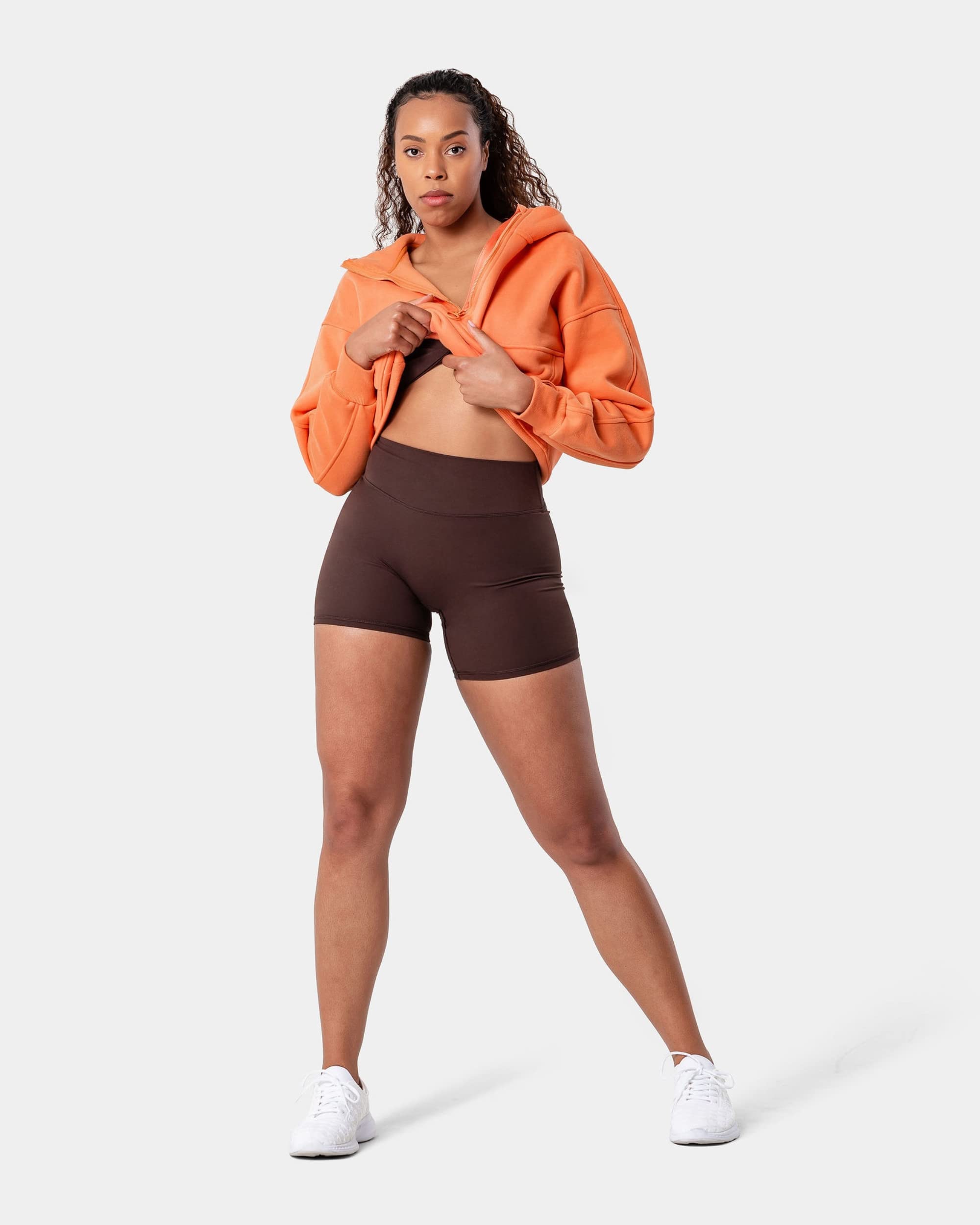 Kamo Fitness Serenity Shorts High Waisted 6" Inseam No Front Seam Thigh Friendly V Booty Seam Women's Biker Shorts (Java Brown, S)