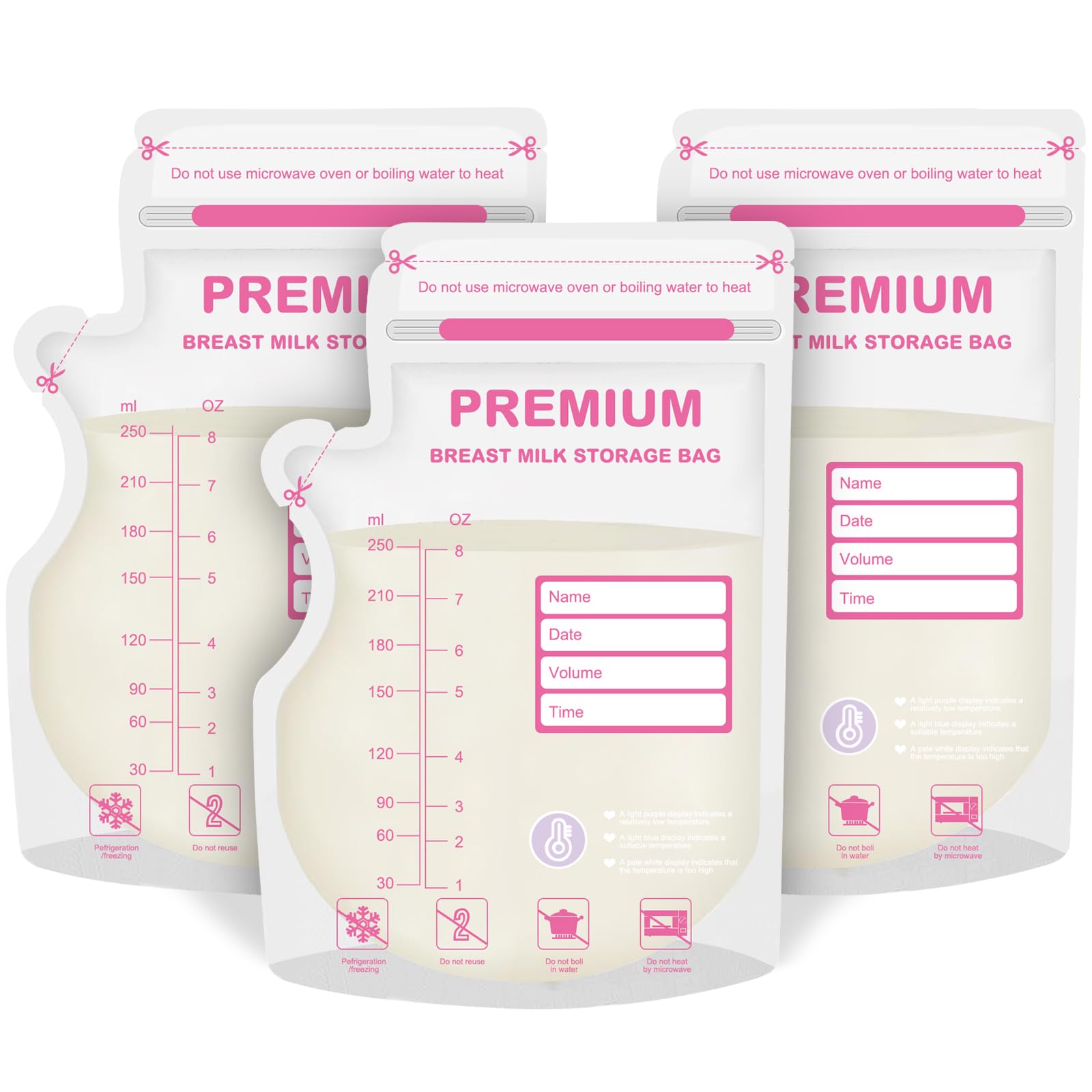 100 bolsas de almacenamiento de leche materna de 250 ml con boquilla, sobre de color sensible a la temperatura para una lactancia cómoda