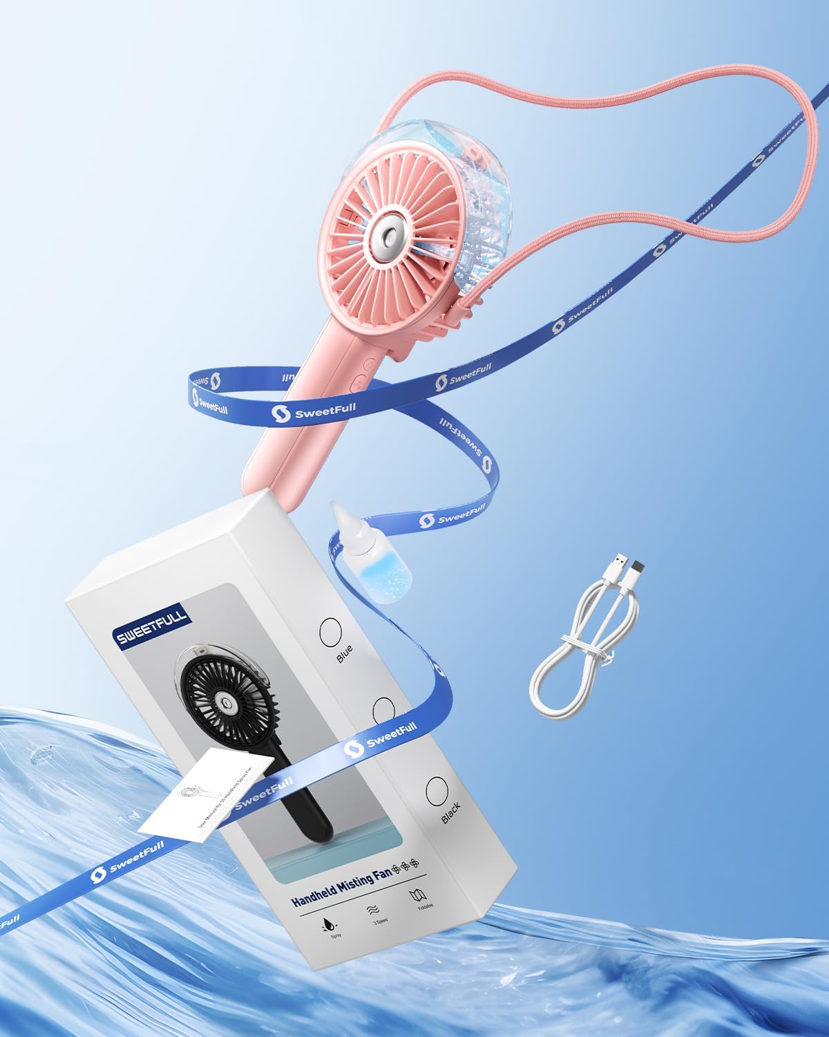 SWEETFULL Misting Fan Portable - 180° Foldable Handheld Personal Fan with Mist Spray, 3 Speeds, 30ml Water Tank, USB Rechargeable for Travel, Outdoors, Makeup, Camping, Home, and Office Use - Image 7