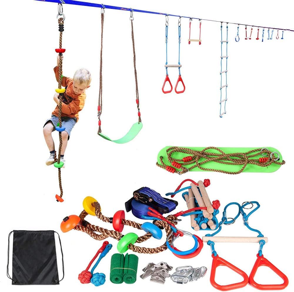 YYST Ninja Slackline Monkey Bars Kit, 50' Jungle Gym Obstacle Course for Kids and Adults + Climbing Rope,Warrior Training Obstacle Course Equipment, Slackline Gymnastic Bar, Tree Protector & Carry Bag : Sports & Outdoors