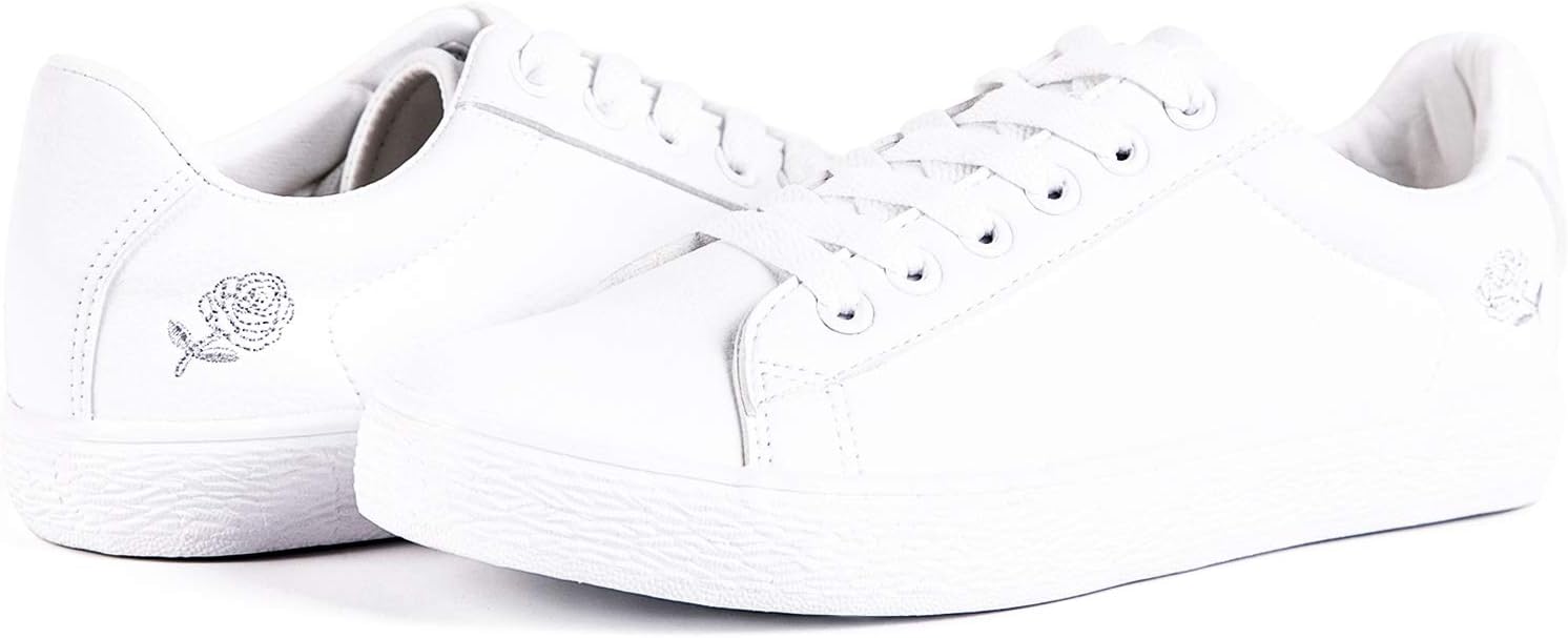 HotroadWomen Embroidery Flower Shoes PU Leather Casual White Trainers Ladies Lace Up Classic Fashion Sneakers Flat Low Top Sportive Tennis Baseball Breathable Shoes, Embroidered Rose / 8 Women UK