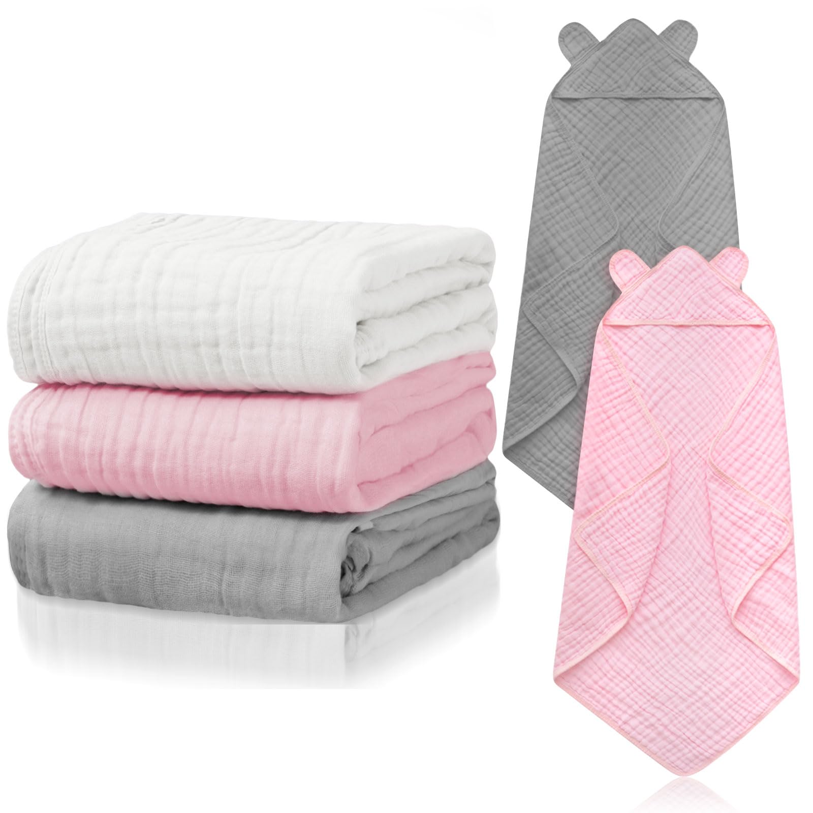 Preboun3 Pcs 6 Pcs Muslin Baby Hooded Towels Cotton Absorbent 6 Layers Cute Bath Toddler Towels for Newborn Kids Girl Infant Boys Toddler Shower Gift Supplies (Grey,Pink,White)
