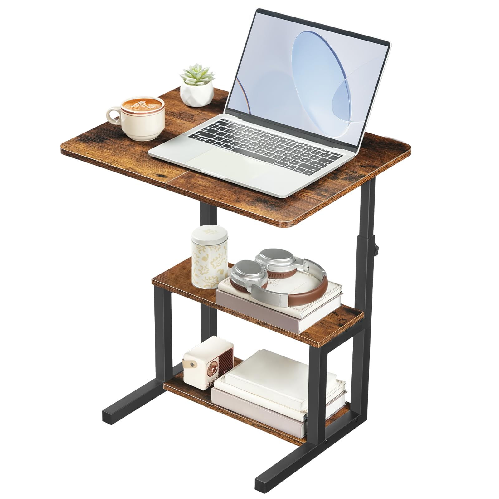 HOOBRO Table d’Appoint en C, Hauteur Réglable de 50 à 75 cm, Table Basse avec 3 Étagères, Plateau Supérieur 52 x 38 cm, pour Canapé, Lit, Bureau, Chambre, Salon, Marron Rustique et Noir EBF81SF01