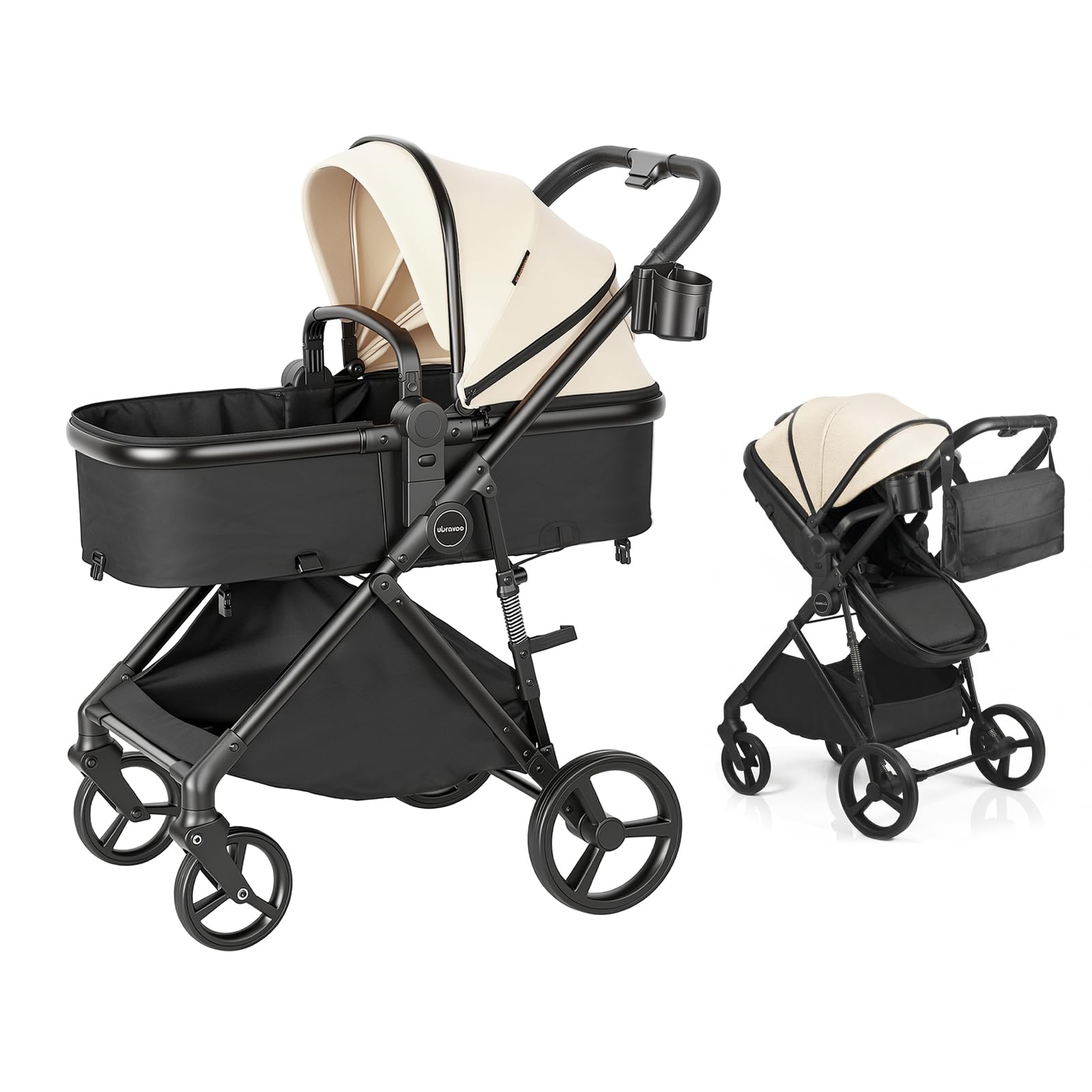 2 in 1 Convertible Baby Stroller, One Hand Fold Newborn Toddler Stroller with Reversible Seat, Infant Pramette Mode, Large UPF 50+ Sun Canopy, Shock Absorbing Smooth Wheels for Travel （Black - Khaki）