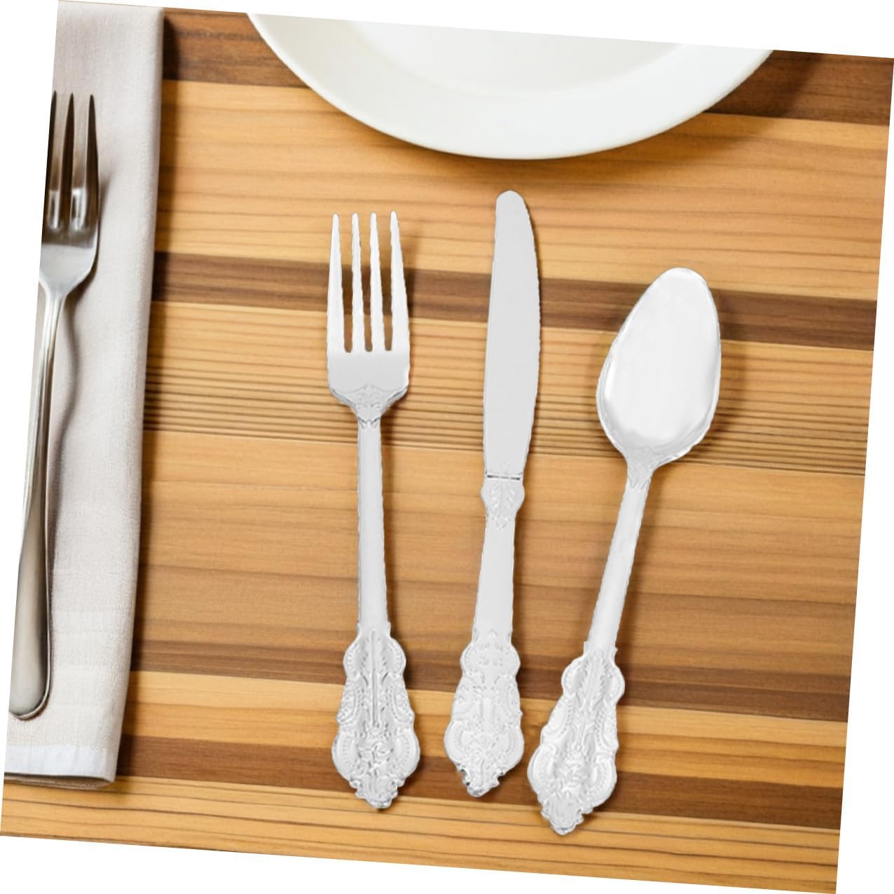 Disposable Tableware Set 24 Pieces Silver Floral Pattern Cutlery Including Forks Knives Spoons, Plastic Portable Eating Utensils for Parties Picnics and Buffets