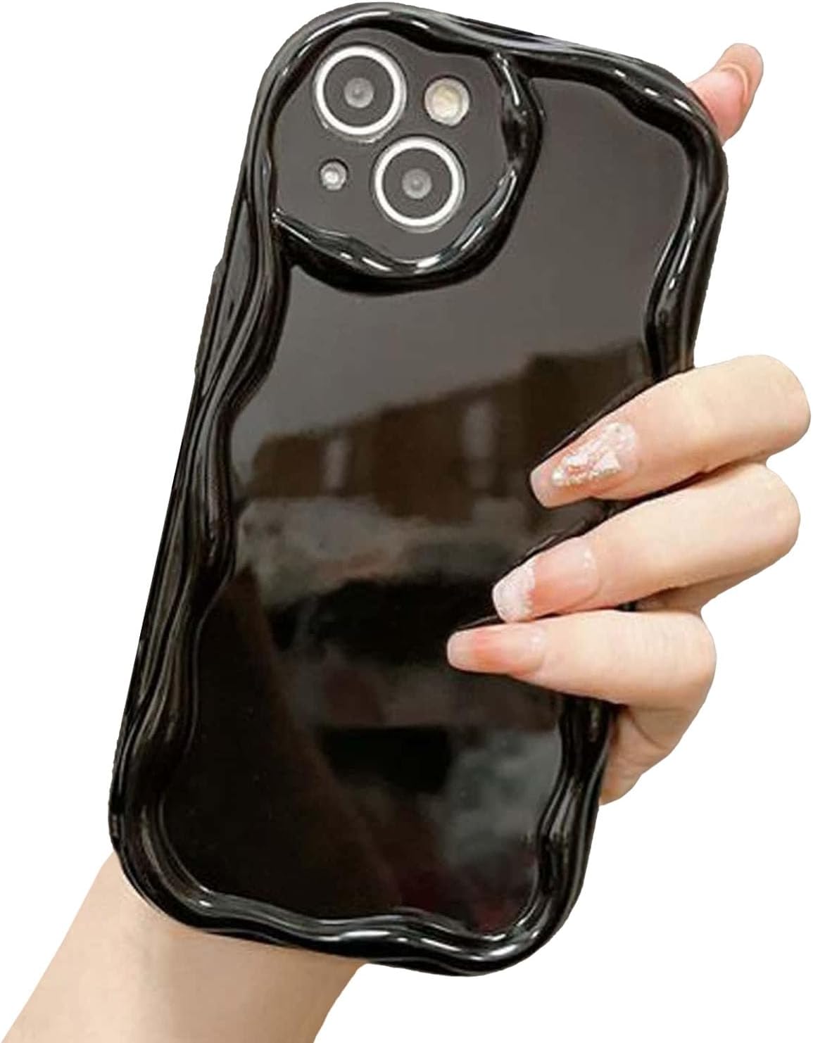KC Back Cover for Apple iPhone 15 Plus - New Curly Wave Frame Shape Shockproof Bumper Soft Silicone Case with Camera Protection (Black)
