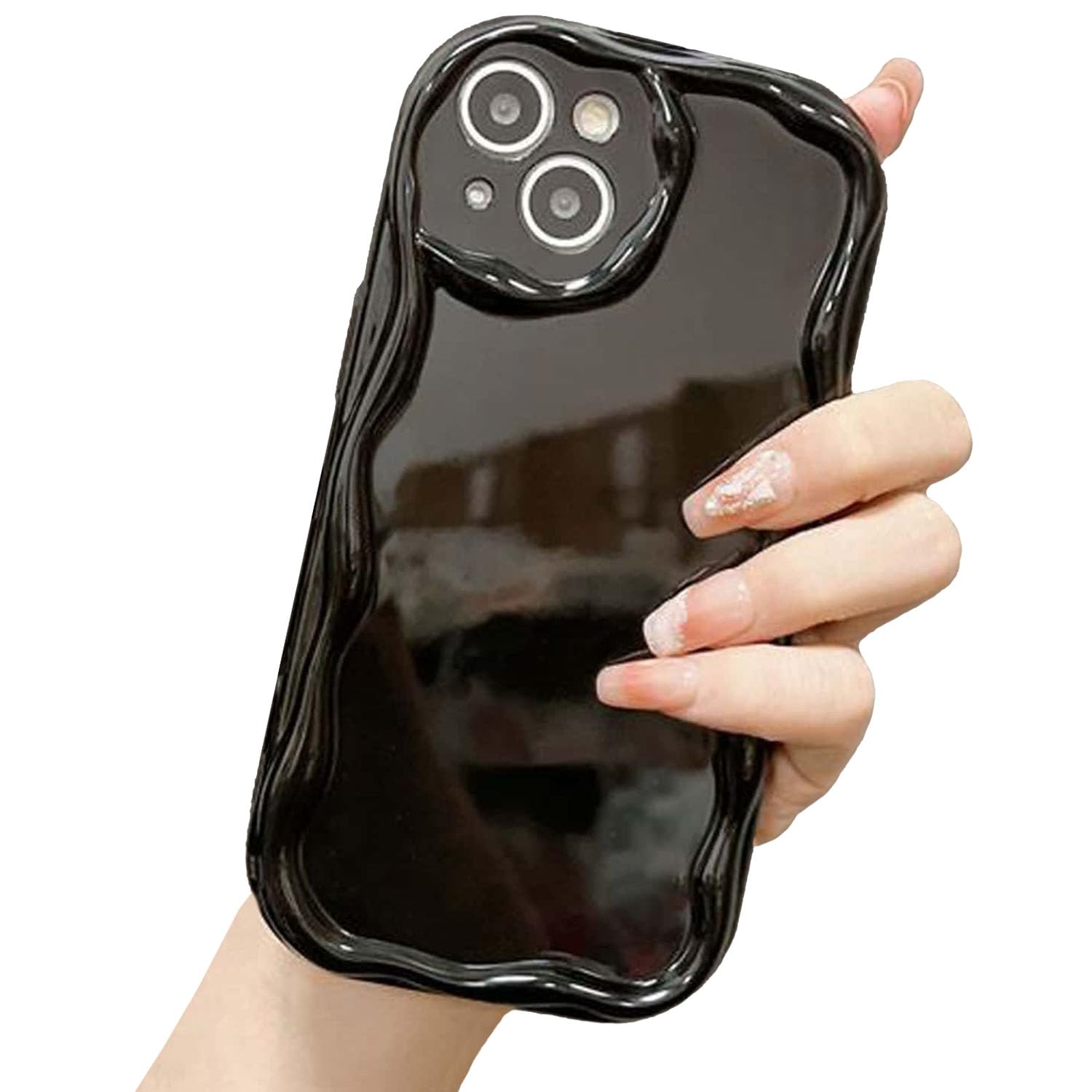 KC Back Cover for Apple iPhone 15 Plus - New Curly Wave Frame Shape Shockproof Bumper Soft Silicone Case with Camera Protection (Black)