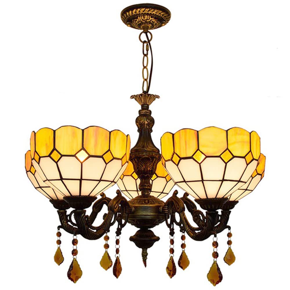 FYZDLAOR Yellow Mediterranean 5-Light Chandelier,Adjustable Pendant Light Light Fixtures,Tiffanystyle Stained Glass Hanging Light Wide 25 Inch with Crystal Pendant