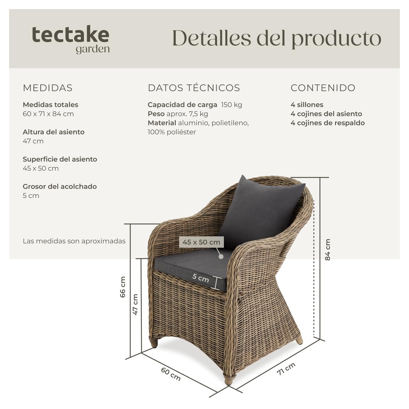 tectake® Conjunto de 4 sillones de Ratán y Aluminio con Cojines, Muebles Jardín Exterior Resistentes a la Intemperie, Sillones para Conjunto Jardín Exterior, Fundas Extraíbles, Sin Montaje - Natural