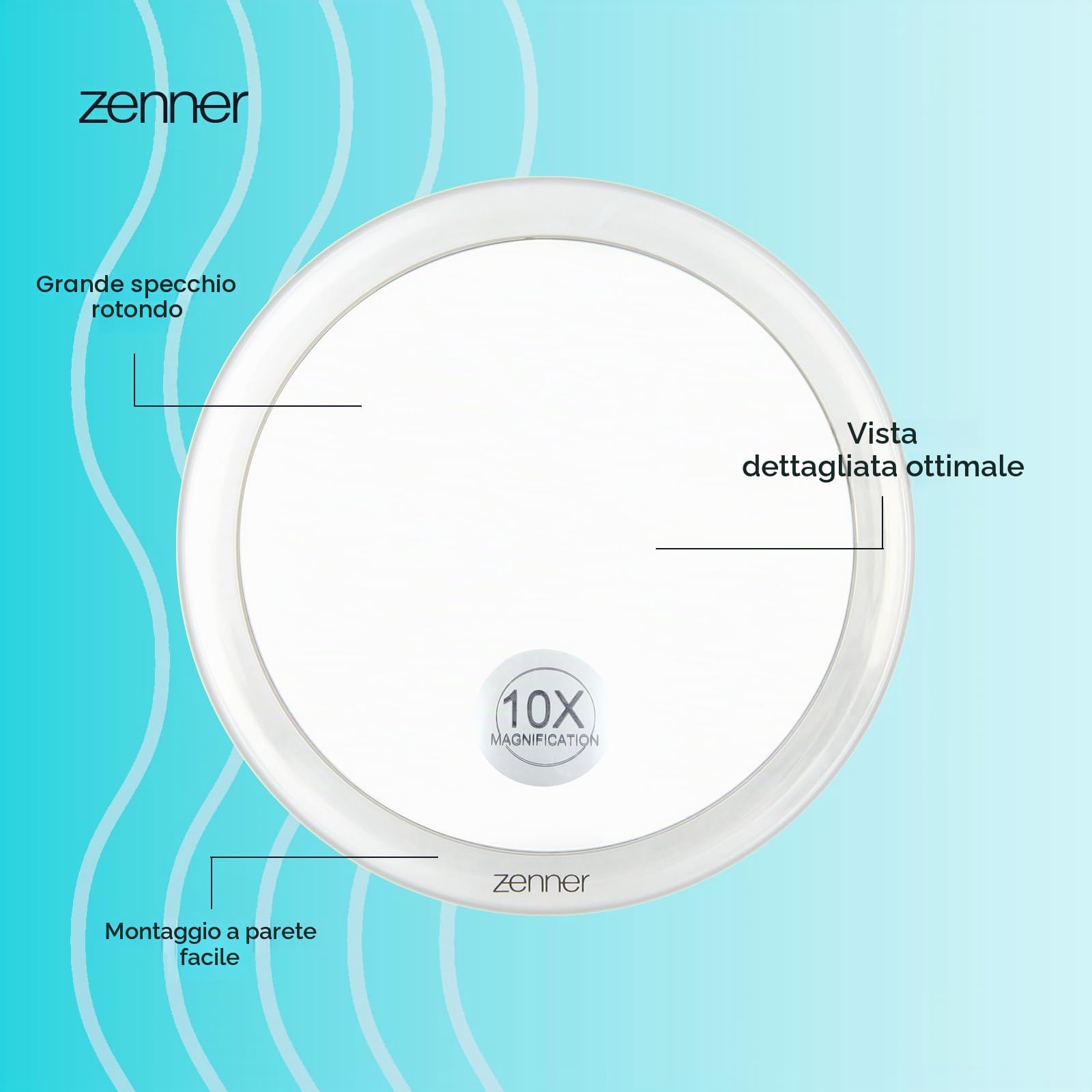 Zenner Specchio ingranditore – 10 x Specchio per il trucco con ventose – Rimovibile e pronto da viaggio – per truccarsi con precisione, epilazione o inserimento di lenti