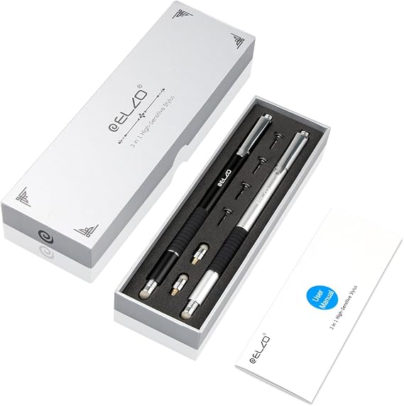 ELZO 3 in 1 Capacitive Disc Stylus Gel Pen Combo 2 Pcs with 4 Replaceable Disc Tips and 2 Replacement Fiber Tips for Touch Screen Tablets Samsung Galaxy/Surface/iPhone/iPad/LG and More (Black&Silver)