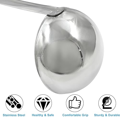 Vista 23 de Piutouyar Juego de 3 cucharones de sopa de 1 onza, cucharón de acero inoxidable con asas largas de gancho, accesorios para cocinar, cucharón