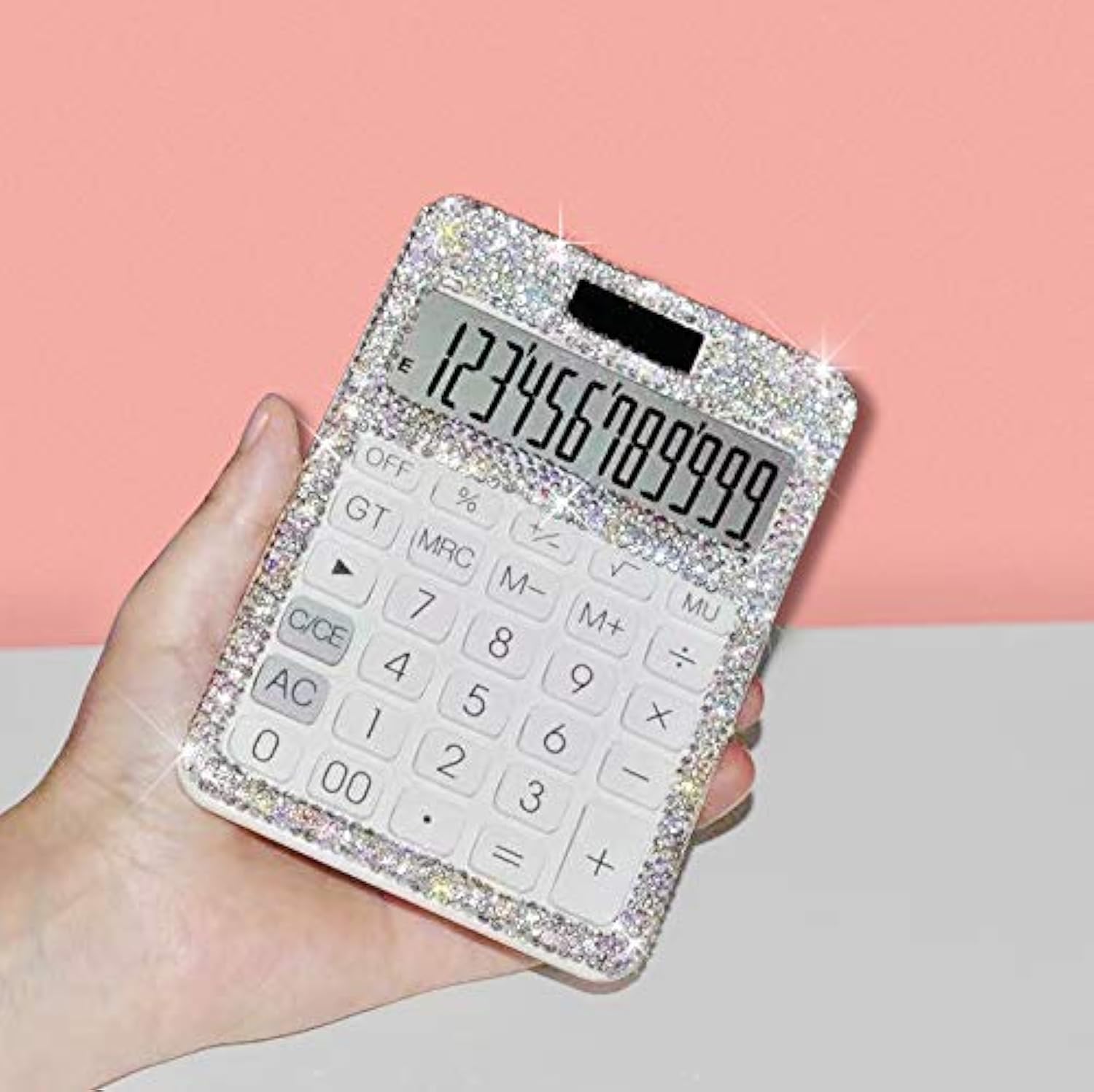 TISHAA Stylish Bling Rhinestone Crystal Dazzling 12 Digit Solar and Battery Dual Power Large LCD Display Standard Desktop Calculator for Office,Home, School (White)